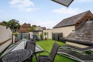 patio and garden area at a house for sale on High Street Farndon